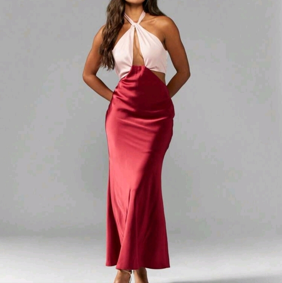 Satin Twist Halter Mid-Axi Dress With Contrast Colours Cute Sundress - Picture 3 of 4